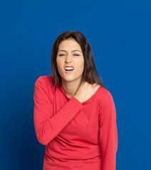 Obraz premium Brunette young woman wearing a red T-shirt