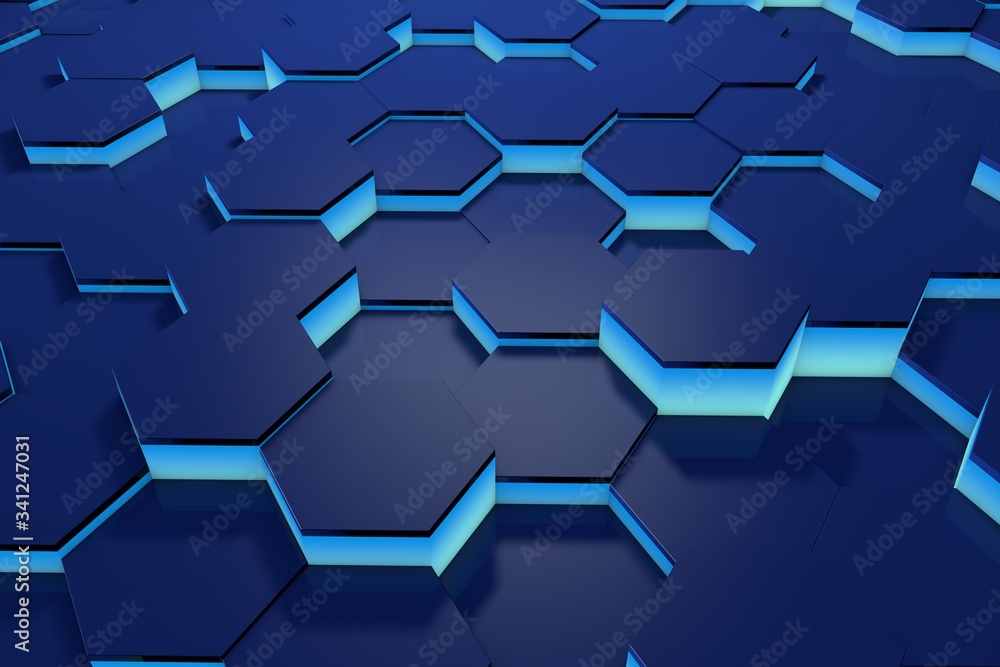 Poster glowing blue hexagon pattern background. 3d rendering