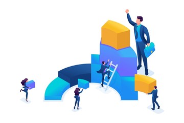 Isometric Data for analysis, creating charts, businessmen carry information. Concept for web design