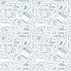 House repair tools vector Seamless pattern. Home improvement icons. Hand Drawn Doodle Tools. Housework.

