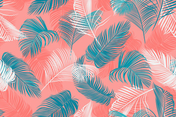 .  Multicolored palm leaves..Exotic seamless pattern . Hand drawn jungle texture. Vector illustration.