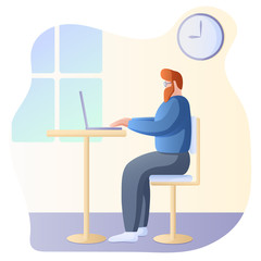 Flat Vector Illustration. Young Ginger Bearded Man Sits at Desk Working on Laptop. Concept of Remote Working or Studying from Home during Quarantine. Cozy Workplace