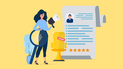 Girl with a shout and a magnifier. Golden office chair. Summary. Free place. The concept of finding people for work. Vector.