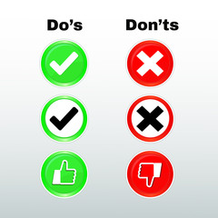 Do's and Don'ts sign icons. Like and Dislike Symbols on red and green button concept.