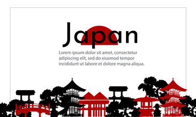 Japanese banner of traditional buildings. Vector black and white illustration. Banner for travel, invitations and advertising.