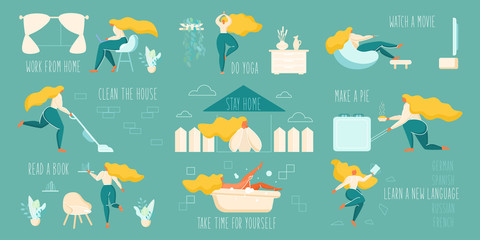 Obraz premium Stay home flat vector illustration set - green