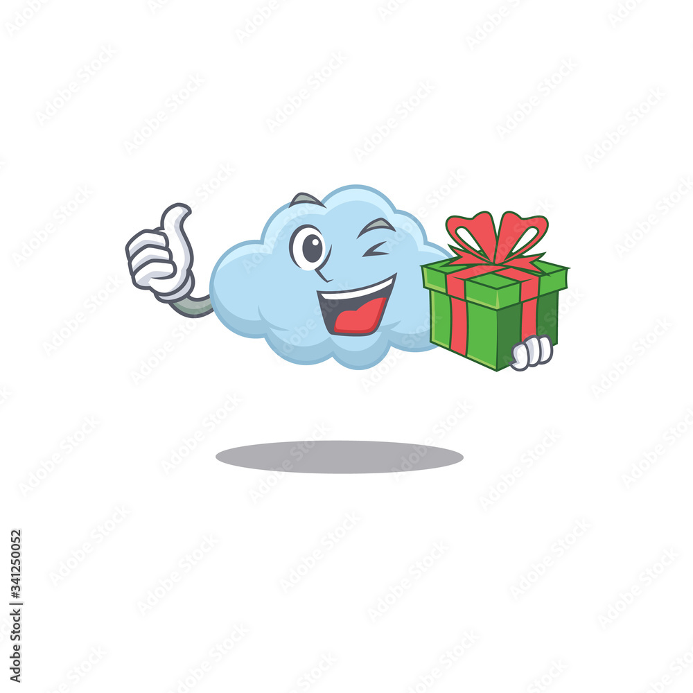 Wall mural Smiling blue cloud cartoon character having a green gift box