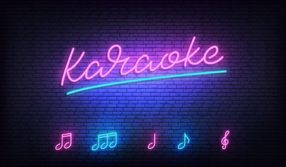 Karaoke neon template. Neon sign with Karaoke lettering and music notes