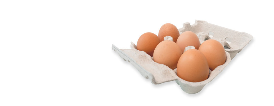 Carton Of Fresh Eggs Isolated On White. Copy Space On Left.