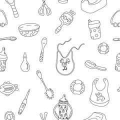 Vector seamless pattern with baby feeding goods on white background. Bibs, bottles, sippy, spoons, bowls. Great for fabrics, wrapping papers, covers. Hand drawn illustration in doodle style black ink.
