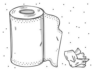 Illustration of a roll of paper towels and a used napkin. Monochrome image on a white.