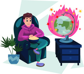 Vector illustration of the guy stares at the world burning  in corona virus