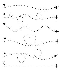 Fototapeta na wymiar Airplane route set, dashed line trace and plane routes isolated on white. Plane line path, Aircrafts and pins symbols. Airplane directional pathway, map dotted trail and fly direction. Vector
