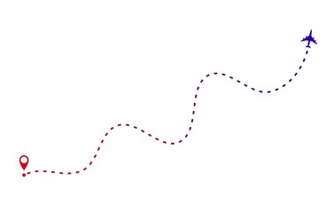 Airplane route, dashed line trace and plane route isolated on white. Plane line path icon, Aircrafts and pin symbol. Airplane directional pathway, map dotted trail and fly direction. Vector