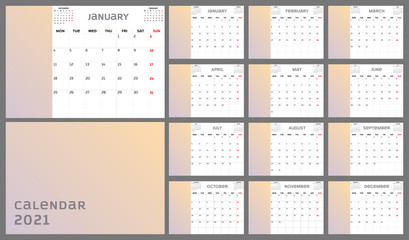 Calendar planner 2021, base template design. Week Starts on Monday. Set of 12 Months, vector illustration EPS 10