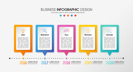 Business infographic template with 5 steps. Colourful timeline. Vector