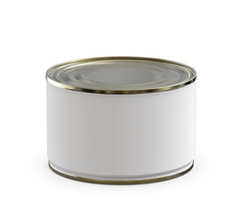 White Round Food Tin Can with Matte Label Template. Realistic 3D Render Isolated on White.