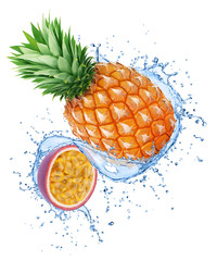 Composition with tropical fruits - pineapple and passion fruit in water splashes isolated on white background.
