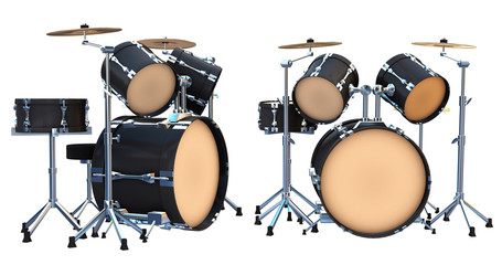 Drum set on a stage on white background