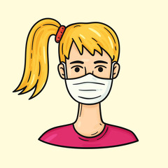 Blond girl wearing medical masks to protect from COVID-19