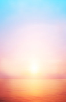 Blur sunrise horizon cool sea background on horizon tropical sandy beach; relaxing outdoors vacation	