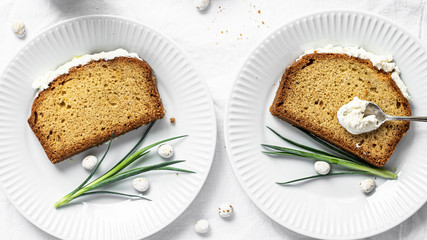 Slice of fresh baked homemade lemon cake