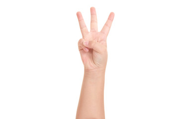 Boy's hand shown three finger symbol isolated white background for graphic designer.
