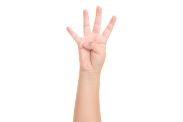 Boy's hand shown four finger symbol on isolated white background for graphic designer.