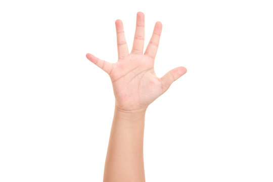 Boy's hand shown five finger symbol on isolated white background for graphic designer.