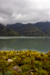 Mountain Ritsa Lake in Abkhazia. Mountains in the fog.