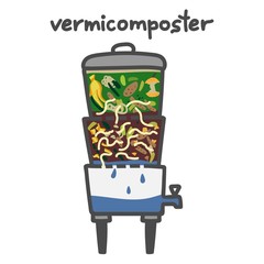 Vermicomposting striped worms that process organic waste from the kitchen, a selective approach. The ecological approach. Zero waste. Composting organic waste. Recycling garbage. Vermicomposter.