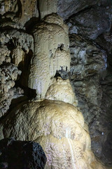 Abkhazia, underground caves of New Athos. Stalactites and stalagmites.