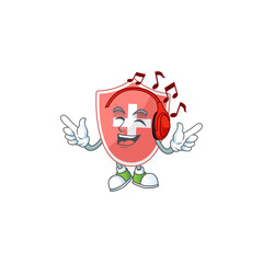 Cartoon mascot design medical shield enjoying music with headset