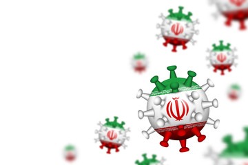 COVID-19 . 3D floating corona virus with Iran flag on white isolated background with copy space at left area for fill text . Shallow depth of field design . Vector .