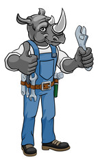 A rhino cartoon animal mascot plumber, mechanic or handyman builder construction maintenance contractor holding a spanner or wrench and giving a thumbs up