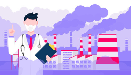 Confused man doctor in mask against smog. Fine dust, air pollution, industrial smog protection concept flat style design vector illustration. Industrial factory pipes with huge clouds of smoke behind.