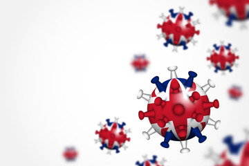 COVID-19 . 3D floating corona virus with United kingdom of great britain ( UK ) flag on gray vignette background with copyspace at left area for fill text . Shallow depth of field design . Vector .
