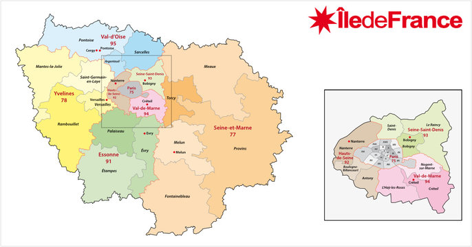 ile de france region administrative and political vector map