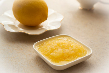 Puree of lemon on light background. Healhty food
