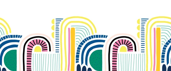 Nahtloses abstraktes Gekritzel formt Vektorgrenze. Niedliche geometrische Collagenformen und Kritzeleien, die Muster blau, rosa, gelb, schwarz auf weiß wiederholen. Moderne Linienkunst für Fußzeile, Kinderdekor, Stoffbesatz, Karte © StockArtRoom
