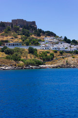 Lindos Village on Rhodes, Greece. Panorama made of the sea.