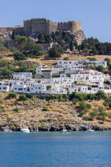 Fototapeta na wymiar Lindos Village on Rhodes, Greece. Panorama made of the sea.
