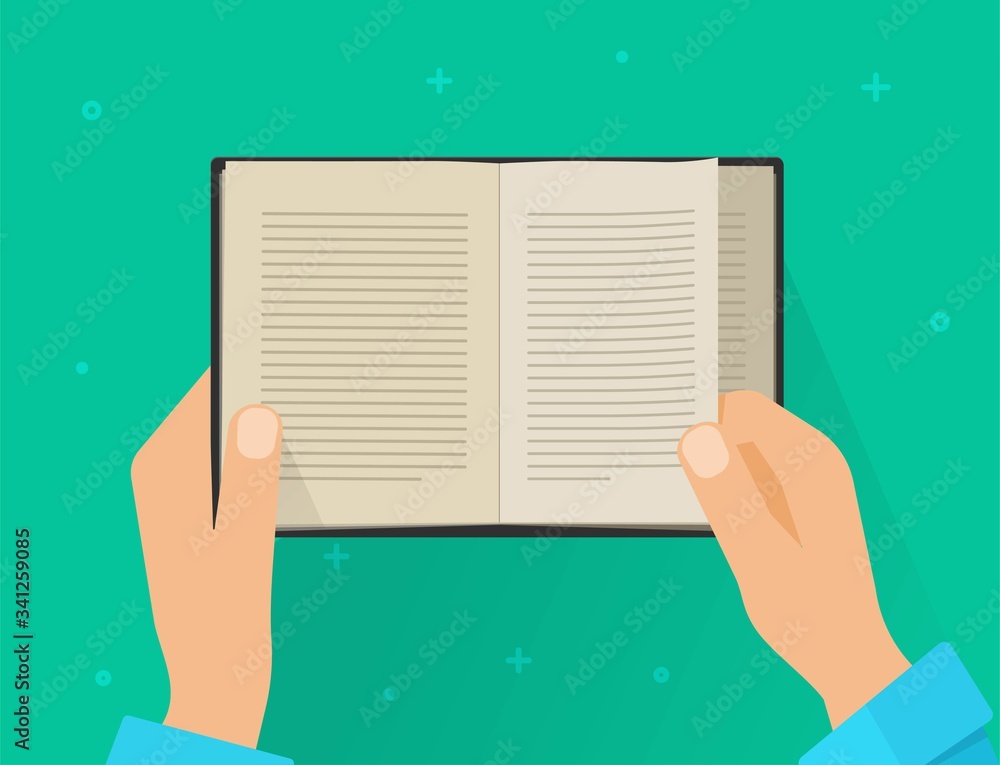 Poster man reading paper book isolated or male hands holding open textbook and learning vector top view fla