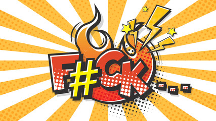 Fuck, wtf halftone expression text on a Comic fire bubble. Vector illustration of a bright and dynamic cartoonish img in retro pop art style isolated on colorful orange background