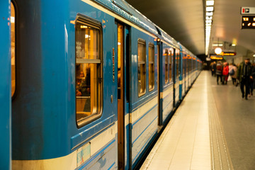 STOCKHOLM, SWEDEN; March 19 2019: Business day in the underground metro tunnelbana station of...