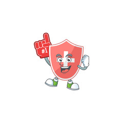 Cartoon character concept of medical shield holding red foam finger