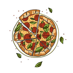 Pizza slice. Cartoon illustration. Colorful hand drawn illustration isolated on isolated white background.
