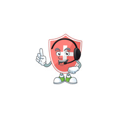 Medical shield cartoon character style speaking on headphone