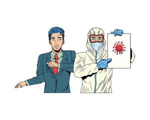businessman and man with biosafety suit lifting covid19 label