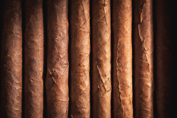 Top view of cigars in rustic box as background